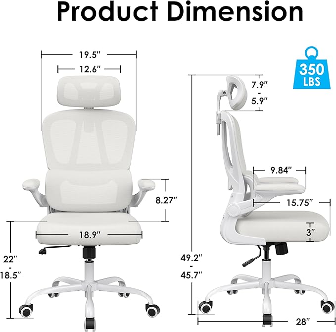 Breathable All-Mesh Ergonomic Chair with Headrest - High Back Desk Chair for Cool, Sweat-Free Work Sessions, Silent Casters Perfect for Bedroom Office (Beige)