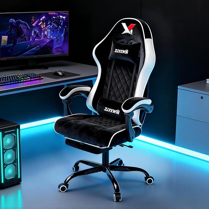 Velvet Gaming Chair, Ergonomic High Back Racing Chair with Footrest, Spring Wide Cushion, Adjustable Headrest & Lumbar Support, 90-135° Recline, 360° Swivel, 300lbs for Home Office, White