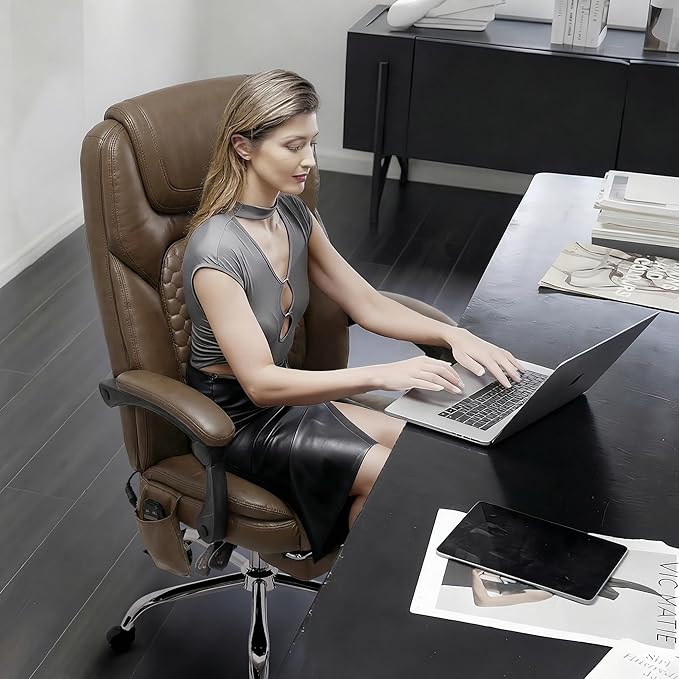 MALOL Massage Office Chair Set of 2 with Heat and Footrest - 3-Level 65°C Targeted Heating, 20-Min Assembly Leather Desk Chair, Big and Tall Executive Computer Chair with Side Pocket, 300 lbs, Brown