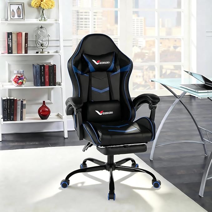 Gaming Chair for Adults, Ergonomic Gamer Chair with Footrest, Spring Pocket Cushion, Computer Office Desk Reclining Chair with Enlarged Metal Base, Linkage Armrests, Lumbar & Headrest (Blue)