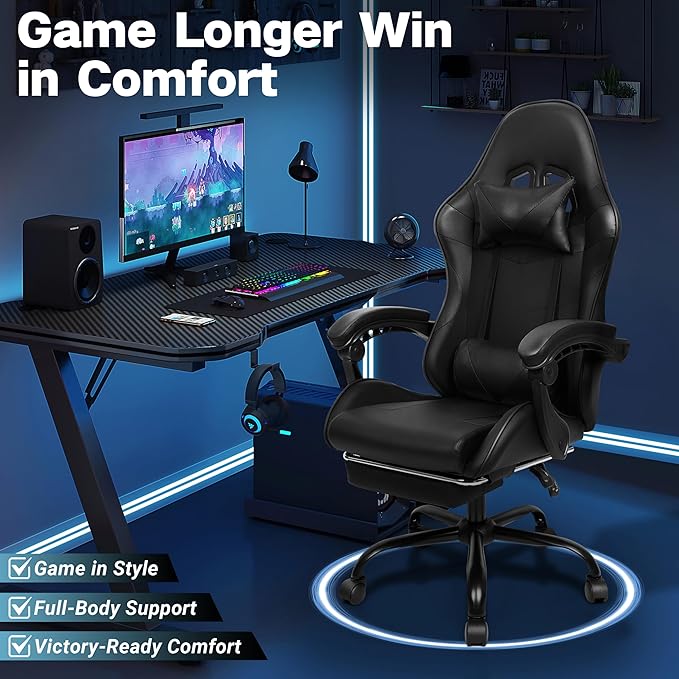 Gaming Chair, Ergonomic Computer Chair with Footrest and Lumbar Support, Height Adjustable Office Chair with 360° Swivel Seat and Headrest