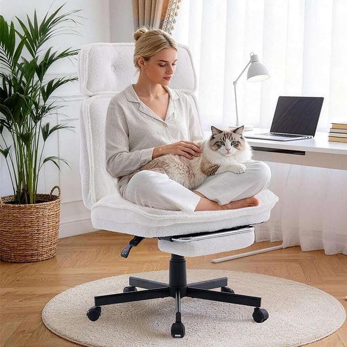 Criss Cross Chair with Wheels, Wide Seat Cross Legged Office Chair with Footrest, Adjustable Headrest & Reclining Backrest, Upholstered Ergonomic Desk Chair for Home Office, Gaming, Vanity (White)