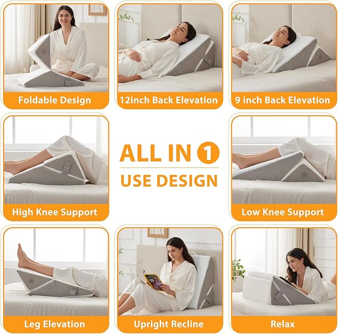 Ruqmuis Bed Wedge Pillow for Sleeping, 9&12 Inch Adjustable Wedge Pillow Set for After Surgery, Triangle Pillow for Back Pain Relief, Leg Support, Acid Reflux, Gerd, White/Grey