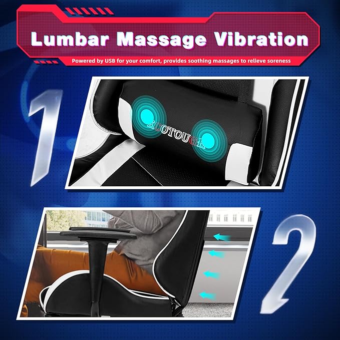 ECOTOUGE PC Gaming Chair Massage Ergonomic Office Desk Chair Racing PU Leather Recliner Swivel Rocker with Headrest and Lumbar Pillow, White