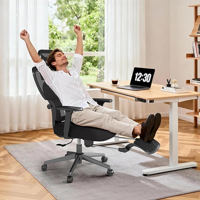 Ergonomic Office Chair with Footrest – Adjustable Lumbar Support, 3D Armrests & Headrest, Wide-Seat High-Back Mesh Computer Chair with Casters, Suitable for Home & Office, Black
