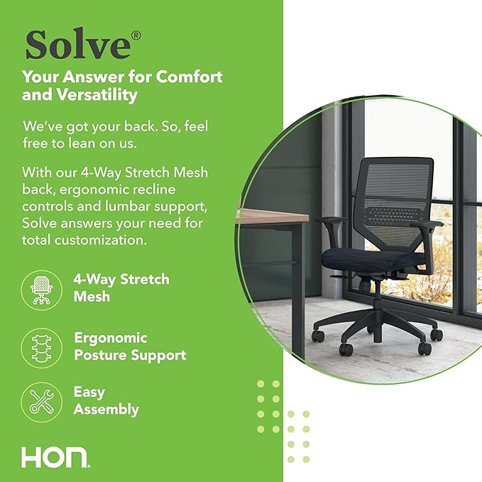 HON Solve Office Chair, Ergonomic Office Chair Mesh Back Support, Adjustable Lumbar Support, Height Adjustable Arms, Titanium Frame, Peacock