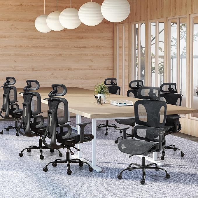 ECOTOUGE Mesh Desk Chair, Ergonomic Office Chair with Lumbar Support, Adjustable Headrest & 3D Armrests, Reclining High Back Chair for Home, Black Gaming Chair for Adults
