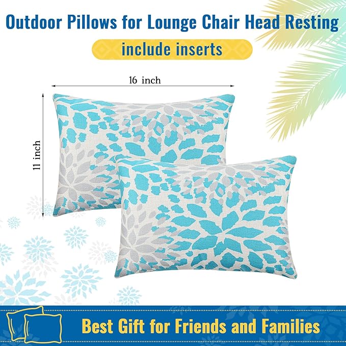 Juexica 2 Pack Chaise Lounge Pillow with Strap Outdoor Waterproof Beach Chair Neck Headrest Pillow Adjustable Elastic Band for Hammock Lumbar Recliner Pillows for Patio Pool Chair(Advanced Style)