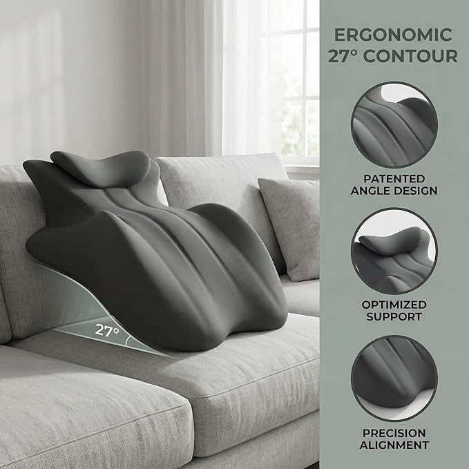 27°Ergonomic Contour Pillow-Memory Foam Back Support for Reading,Bed Rest&Post Surgery Recovery,Lumbar & Neck Pain Relief Cushion