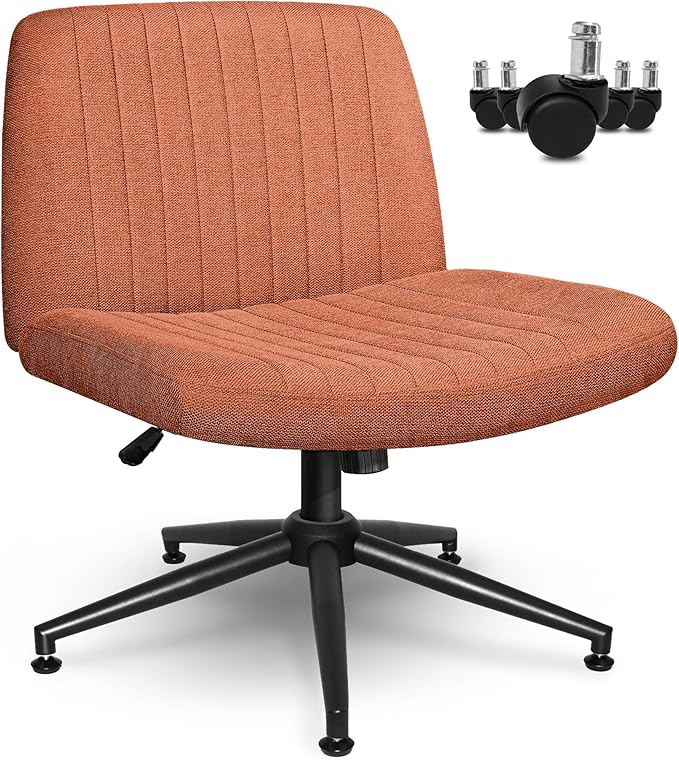 NEO CHAIR Criss Cross Chair with Wheels Armless Cross Legged Office Desk Wide Comfy Vanity Makeup Chair Adjustable Swivel Rolling Computer for Home Office Fabric (Brown)