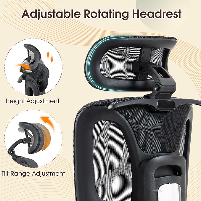 ECOTOUGE Mesh Desk Chair, Ergonomic Office Chair with Lumbar Support, Adjustable Headrest & 3D Armrests, Reclining High Back Chair for Home, Black Gaming Chair for Adults