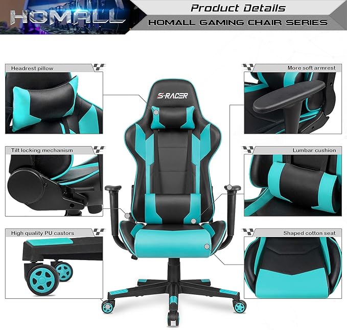 Homall Gaming Chair, Office Chair High Back Computer Chair Leather Desk Chair Racing Executive Ergonomic Adjustable Swivel Task Chair with Headrest and Lumbar Support(Cyan)