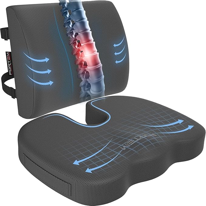 FORTEM Seat Cushion, Office Chair Cushion, Lumbar Support Pillow for Office Chair, Memory Foam Car Seat Cushions, Sciatica Coccyx Tailbone Pain Relief, Cushions for Back Support, Washable, Non Slip