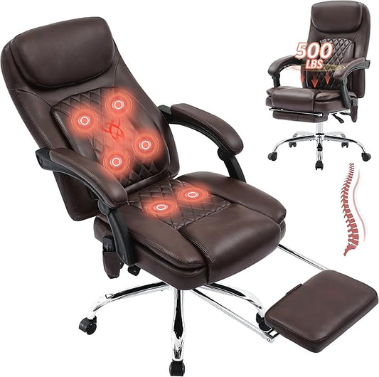 500LBS Massage Office Chair, 6 Points Vibration & Heat Executive Office Chairs, 135°Reclining Comfy Desk Chair with Foot Rest, Wider & Thicker Seat Cushion, PU Leather Big and Tall Gaming Chair, Brown