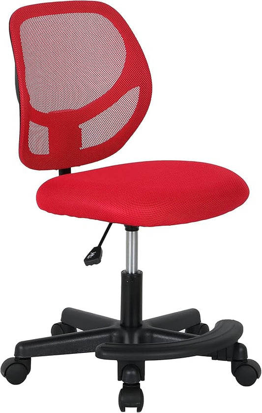 Amazon Basics Kids Adjustable Height Mesh Low-Back Swivel Desk Chair with Footrest, Rolling Computer Task Study Chair, Breathable, Red