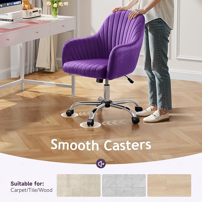 Warmiehomy Vanity Chair, Velvet Home Office Desk Chairs, Comfy Ergonomic Office Chair, Makeup Computer Chair with Arm Rest, Velvet Plum Purple