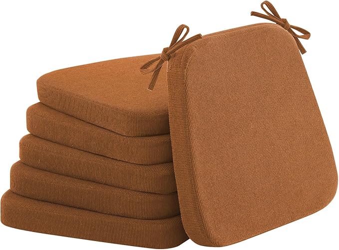 2'' Thick High-Density Foam Indoor Chair Cushions | Dining Chair Pads with Ties, Removable Washable Cover, Kitchen Chair Cushions 17"x16", Orange Brown 6 Pack