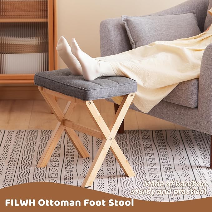 Foot Stool Small Ottoman Foot Rest Padded Foot Stool Desk for Under Office Desk Vanity Stool Bamboo Footstool Sofa Footrest Shoe Stool Small Foot Stools (Natural Legs + Gray)