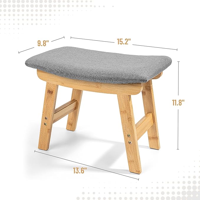 BAMBOO LAND- Bamboo Foot Stools Ottoman, Gray Cushion & Natural Wood Legs, Small Ottoman Foot Rest for Couch