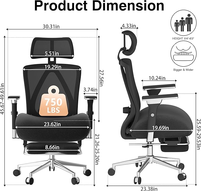 750lbs Big and Tall Office Chair with Wide Thick Seat Cushion,Ergonomic Mesh Office Chairs for Heavy People,Computer Desk Chair with 4D Armrests,Adjustable Lumbar Support for Long Hours Daliy Work