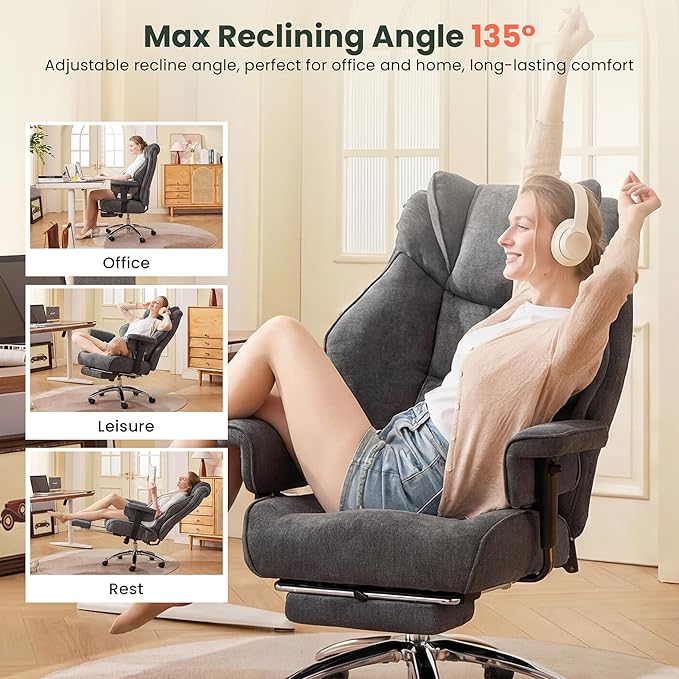 500lbs Big and Tall Office Chair Adjustable Lumbar Support, Extra Wide Seat Ergonomic Gaming Chair with Footrest, Heavy Duty High Back Executive Leather Computer Desk Chair (Grey Fabric)