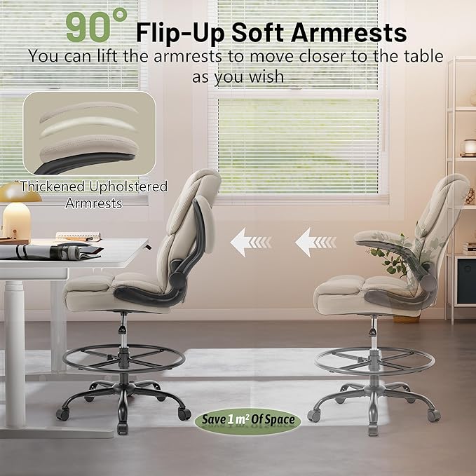 500LBS Drafting Chair, High Back Safer Standing Desk Chair, Executive Tall Office Chair with Flip-up Armrests, Upholstered PU Leather Task Chair, Ergonomic Seat with Adjustable Height&Foot Ring,Beige