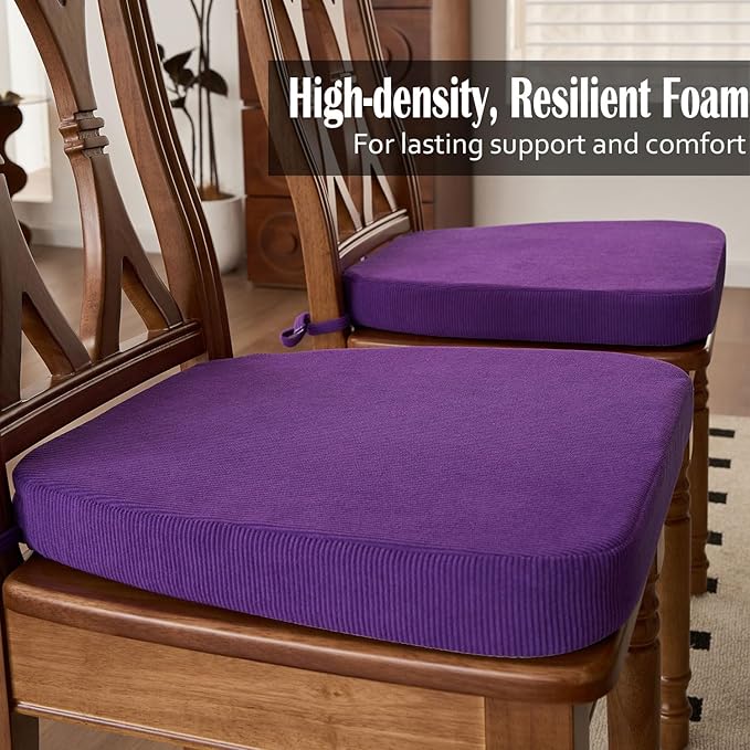 2'' Thick High-Density Foam Indoor Chair Cushions | Dining Chair Pads with Ties, Removable Washable Cover, Kitchen Chair Cushions 17"x16",Purple 6 Pack