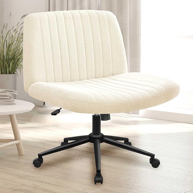 NEO CHAIR Criss Cross Chair with Wheels Armless Cross Legged Office Desk Wide Comfy Vanity Makeup Chair Adjustable Swivel Rolling Computer for Home Office Fabric (Beige)