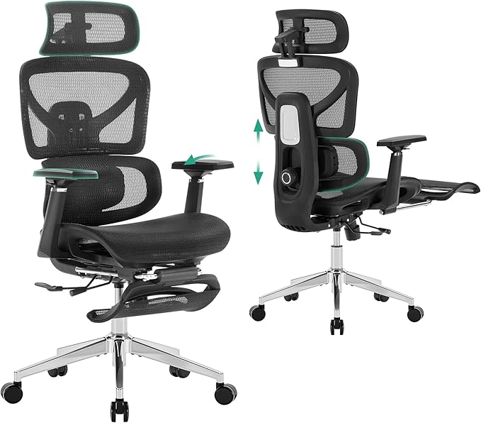 Cozyman Ergonomic Office Chair with Footrest - 5-Level Adjustable Lumbar Support & 90-135°Recline, 3D Headrest & 4D Armrests, Breathable Mesh Seat Computer Chair for Home Office, Gaming, Black