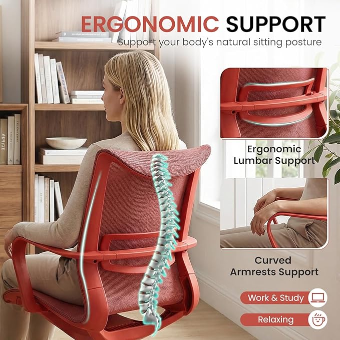 LuxErgo Ergonomic Mesh Office Chair, Mid Back Desk Chair with Lumbar Support & Armrests, Height Adjustable, 115° Recline, 360° Swivel Rolling Task Chairs for Home Office, Red