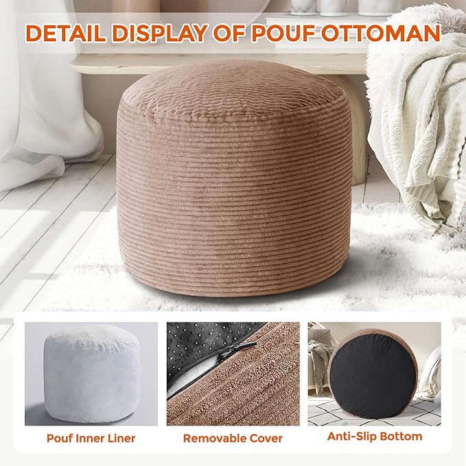 20" x 20" x 15" Pouf Ottoman Foot Rest, Pre-Stuffed Round Foot Stool with Odorless Shredded Memory Foam, Furry & Fluffy Corduroy Footrest for Living Room, Brown