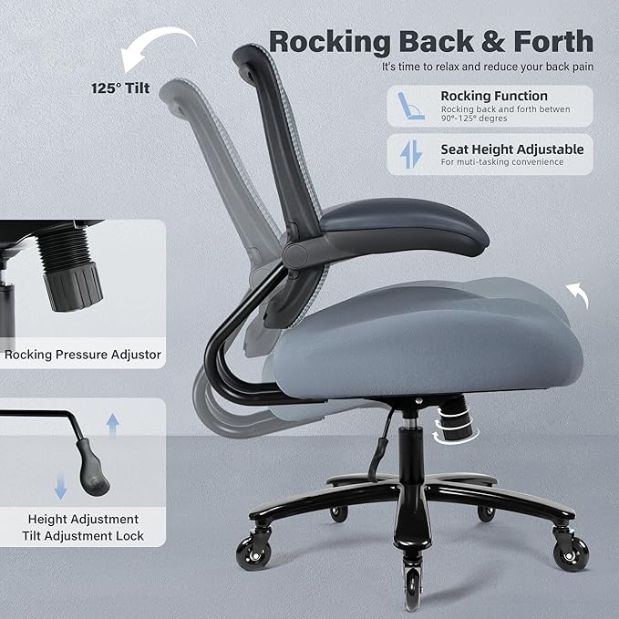 Kassipo 500LBS Big and Tall Office Chair with Flip-Up Armrests, Heavy Duty Office Chair for Heavy People, Memory Foam Seat Filling Springs, Grey
