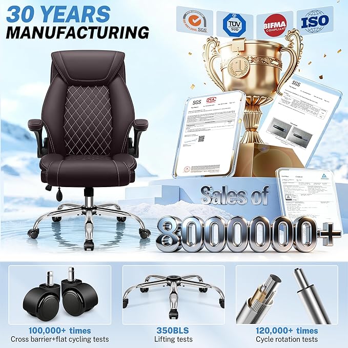 Office Chair, Big and Tall Ergonomic Desk Chair, Executive Leather Computer Chair with Adjustable Lumbar Support, Comfy Gaming Chair with Flip Up Arms, Swivel PC Chair with Rocking Function, Coffee