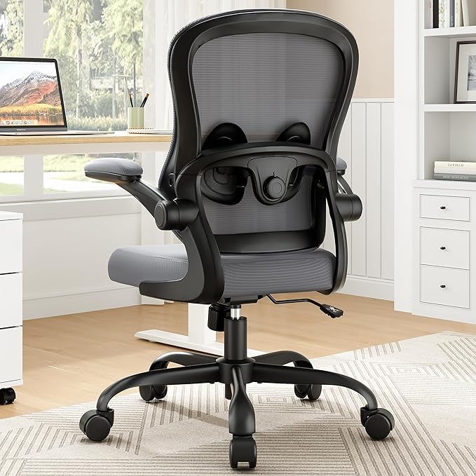 Office Chair Ergonomic Desk Chair - Mesh Comfy Home Desk Office Chairs with Wheels Adjustable Lumbar Support Flip up Armrest Executive Rolling Swivel Teacher Task Computer Chair Gray