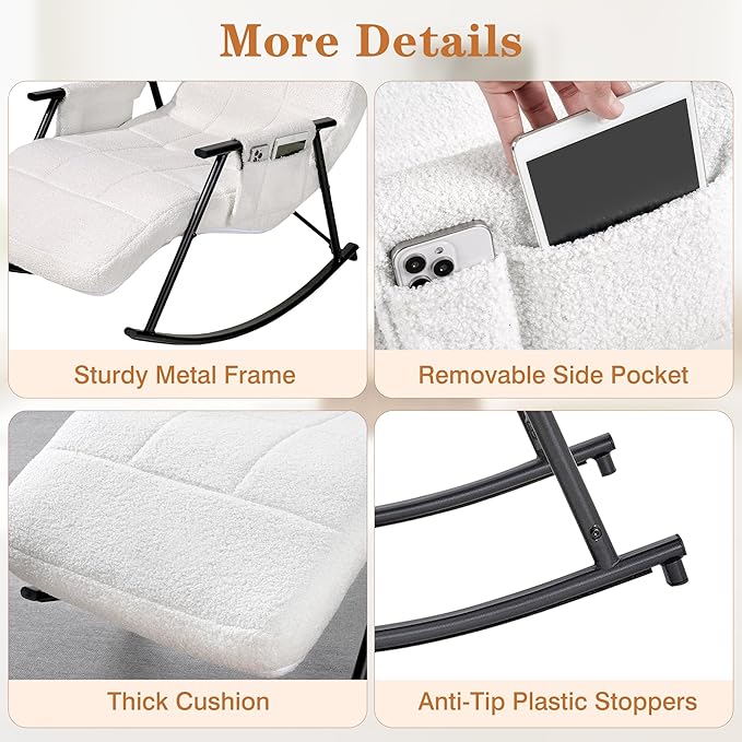 VECELO High Back Nursery Rocking Chair with Foot Rest, Teddy Upholstered Reclining Glider Rocker, Comfy Armchair Padded Seat Removable Side Pockets for Living Room, Bedroom, Balcony, White