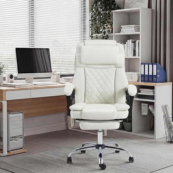 HOMREST 3D Kneading Massage Office Chair with 16 Kneading Nodes & Lumbar Support,Ergonomic Reclining Desk Chair with Footrest & Linkage Armrests,PU Leather Executive Chair with for Home Office (White)