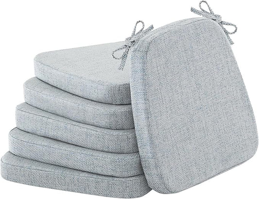 2'' Thick High-Density Foam Indoor Chair Cushions | Dining Chair Pads with Ties, Removable Washable Cover, Kitchen Chair Cushions 17"x16", Silver Blue 6 Pack