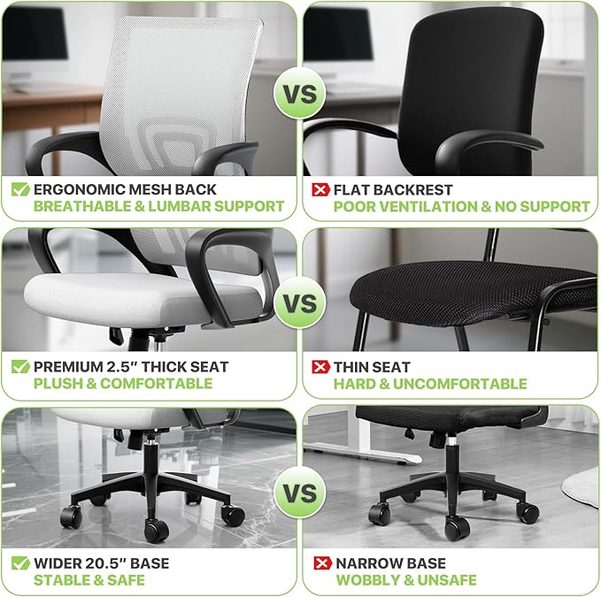 Magshion Ergonomic Office Chair 20 Pack, Mid-Back Mesh Desk Chair, Adjustable Swivel Computer Chair with Lumbar Support & Breathable Backrest for Gaming, Work, Study, 300 Lbs Capacity, White