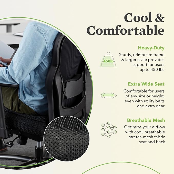 HON Wave Big and Tall Ergonomic Mesh Office Chair with Adjustable Arms and Lumbar Support, Heavy‑Duty Tilt Recline and Swivel Wheels, Desk and Computer Chair for Home Office, 450 lb. Capacity, Black