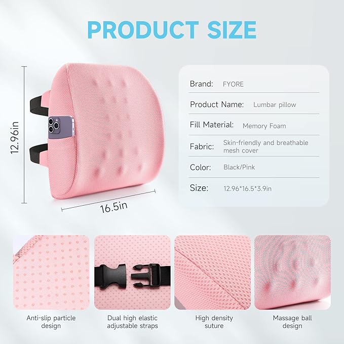 Fyore Lumbar Pillow Memory Foam Back Support Cushion with Anti-Slip Particles Designed for Lower Back Pain Relief Back Pillow 2 Adjustable Straps for Computer/Office Chair,Car Seat,Recliner(Pink)