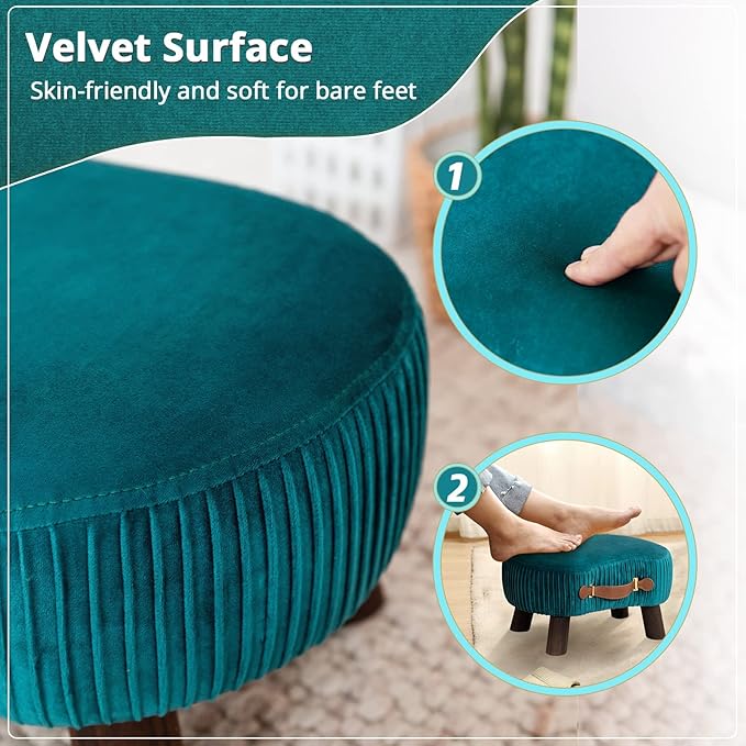 LUE BONA Small Curved Foot Stool with Handle, Teal Velvet Footstool and Ottomans, Modern Foot Rest with Wooden Legs, Step Stool with Padded Seat for Couch, Living Room