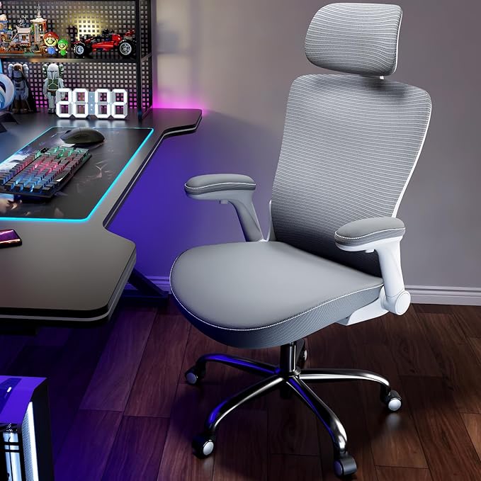 Ergalithic Office Home Ergonomic Desk Chair-Computer X-Shaped Chair Mesh PU Leather with Adjustable Lumbar Support-Executive Chair High Back with Headrest Flip-Up Arms for Long Hours (Grey)