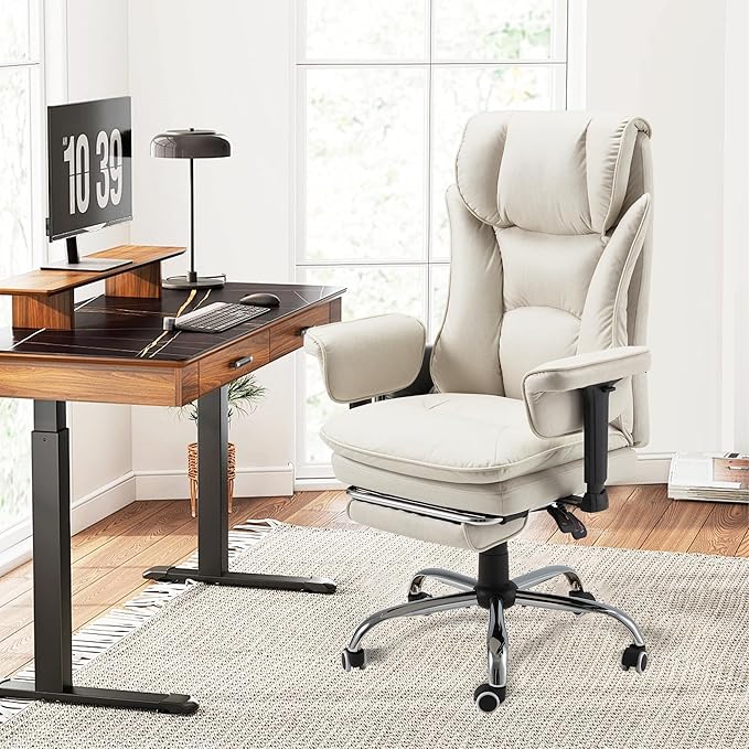 HOMREST 4-Point Massage Office Chair with Heat, 155° Reclining Executive Desk Chair with Adjustable Armrests for Home Office, Ergonomic High Back Computer Chair with Footrest, Beige