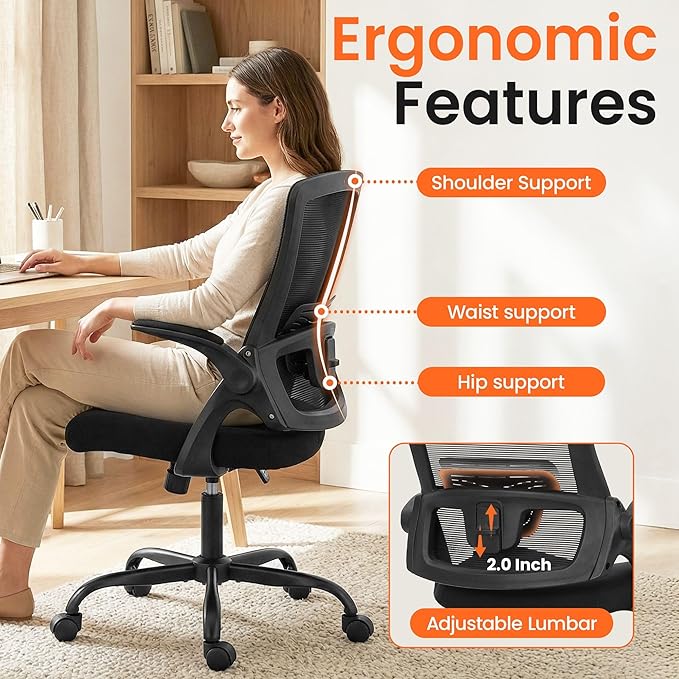 NEO CHAIR Office Chair High Back Desk Mesh Chair Comfy Computer Gaming Seat with Adjustable Ergonomic Lumbar Rolling Flip-up Armrests and Wheels (Black)