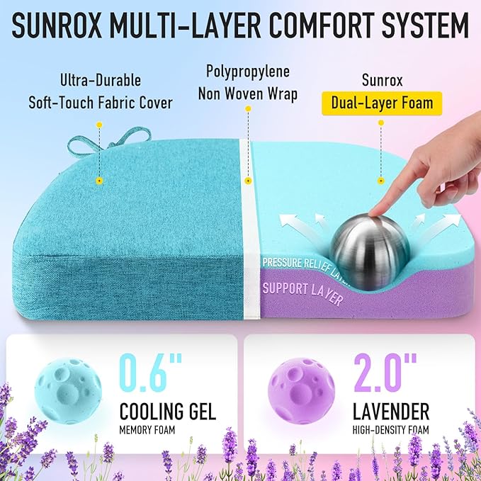 SUNROX Cooling Gel Memory Foam Chair Cushions, 2.6" Thick U-Shaped Dual-Layer Comfort Dining Chair Pads, Non Slip Seat Cushion with Ties for Indoor Kitchen Office 17"x16" Set of 4, Turquoise