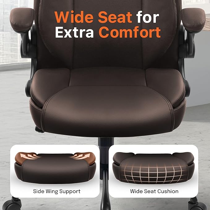 NEO CHAIR Office Desk Gaming Computer Home Chair Ergonomic Executive High Back Support Flip-up Arms Adjustable Height Swivel Rolling Wheels Comfy PU Leather (Brown)