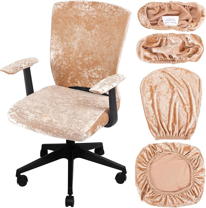 Tallew 4 Pcs Office Chair Covers Set Computer Universal Protective Stretchable Chair Seat Covers Desk Armrest Slipcovers Pads Office Cushion Backrest for Rotating(Gold)