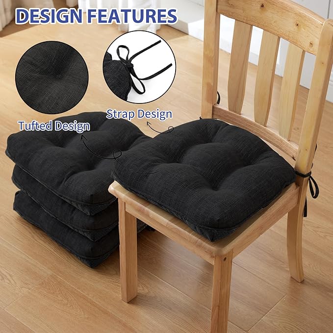 IPYNBAP Chair Cushions for Dining Chairs Set of 4, Kitchen Chair Cushions, Chair Pads with Ties and Non Slip Backing, Tufted Memory Foam Seat Cushion 4 Pack, 15.5" x 15.5" x 4", Black
