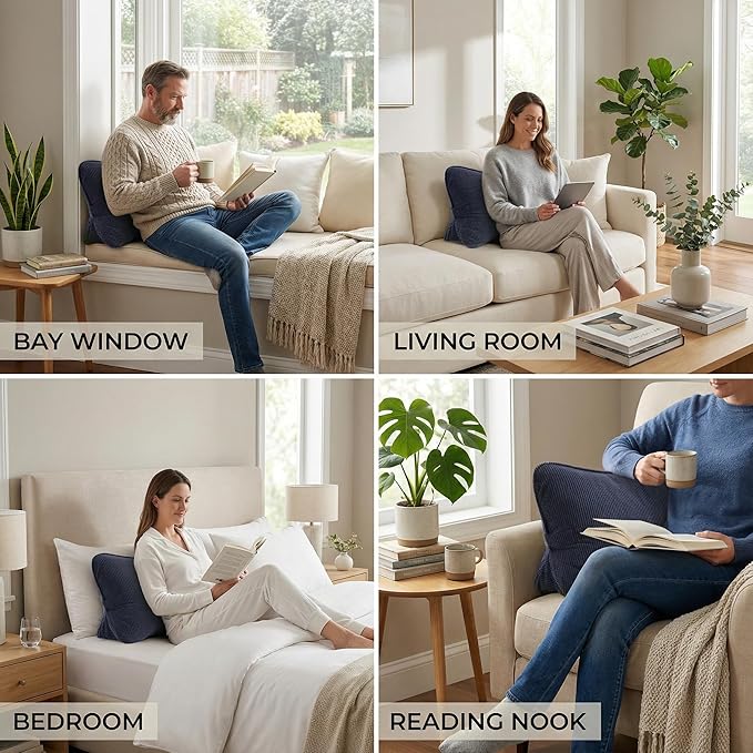 Pat. Pend. Corduroy Wedge Back Support Pillow with Lumbar Support, Back Cushion for Sofa or Bed Sitting, Back Pillow for Reading & Relaxing, Navy Blue
