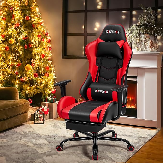 ECOTOUGE PC Massage Gaming Chair with Footrest Ergonomic Office Desk Chair Racing PU Leather Recliner Swivel Rocker with Headrest and Lumbar Pillow,Red